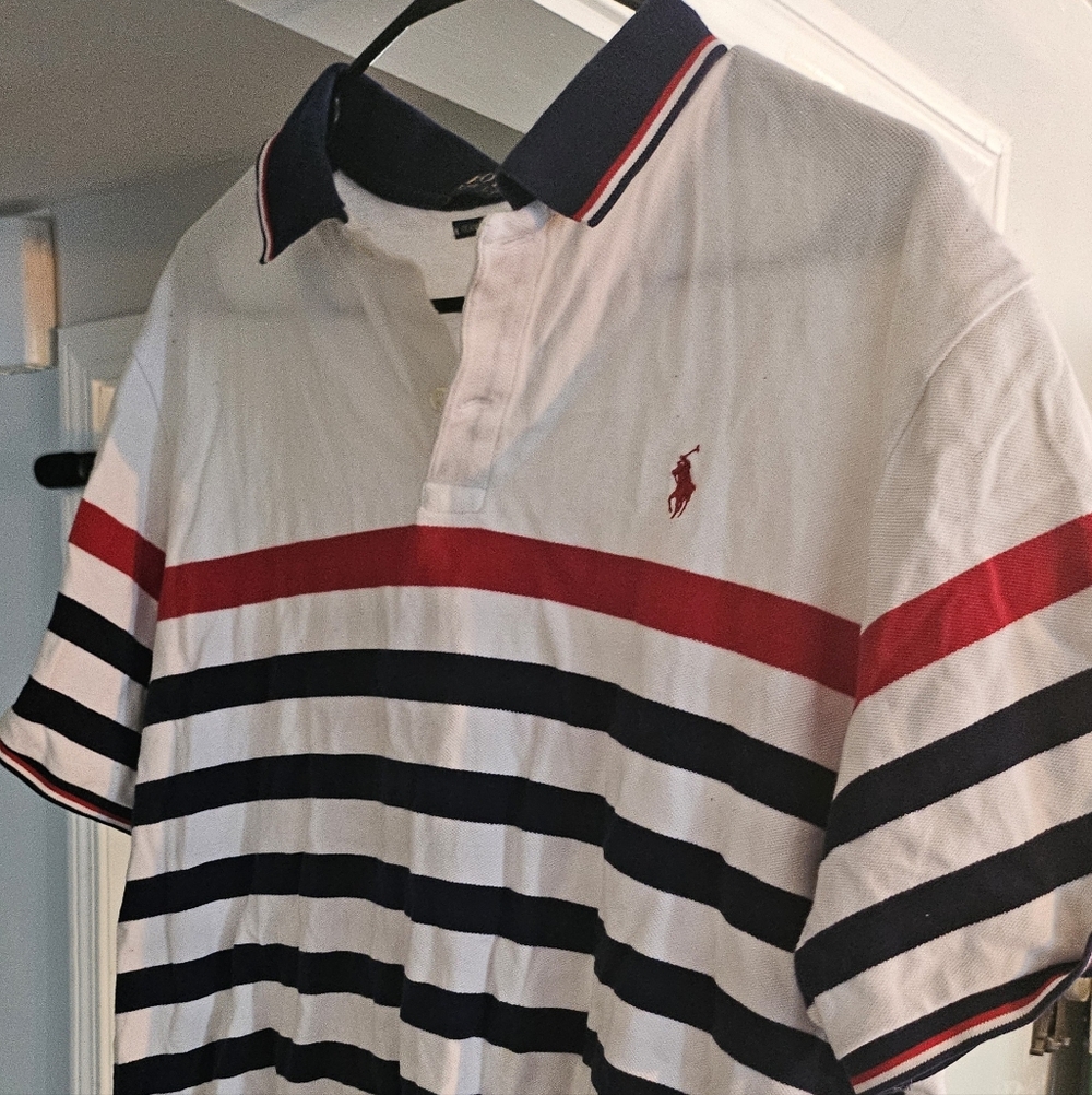 Polo by Ralph Lauren Men's Polo Shirt - White with Red and Navy Stripes